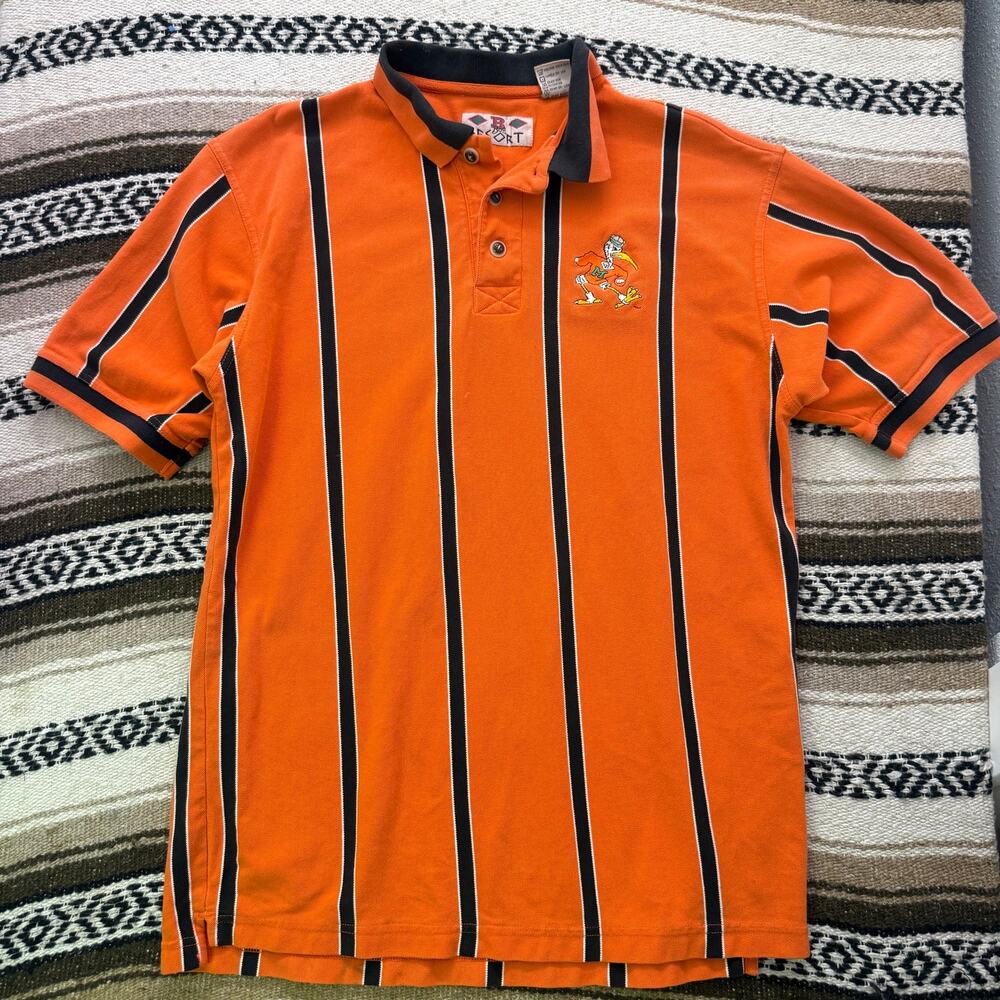 Men's Vintage 90's Miami Hurricanes Orange Black Striped Polo Shirt Sz XL VTG